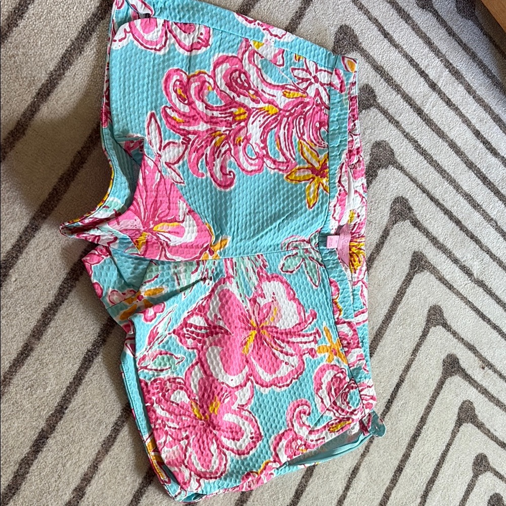 Lilly Pulitzer Pink and Blue Bermuda Shorts Vibrant Tropical Print